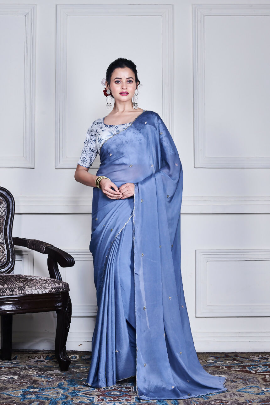 Morchari Grey Chiffon Hand Embroidery Saree And Stitched Blouse | Grocsy