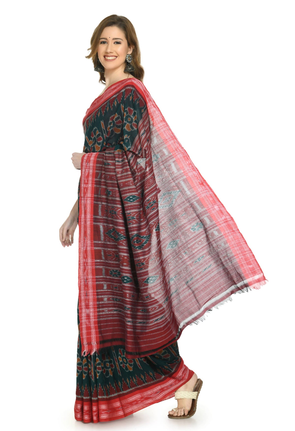 Vamika Sambalpuri Ikat Cotton Dehabandha Green & Red Saree | Grocsy