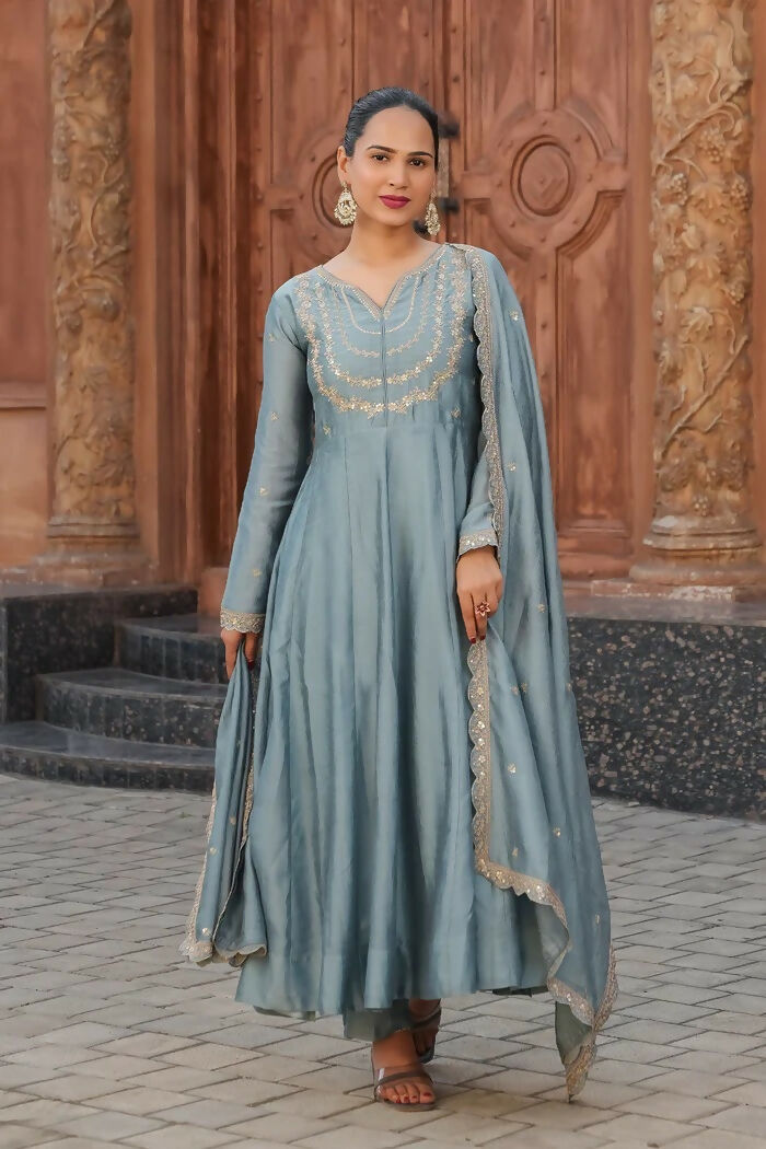 The52 Teal Blue Women's Gorgeous Vichitra Silk Fabric Embroidered Work Flared Anarkali Pant and Dupatta Set | Grocsy