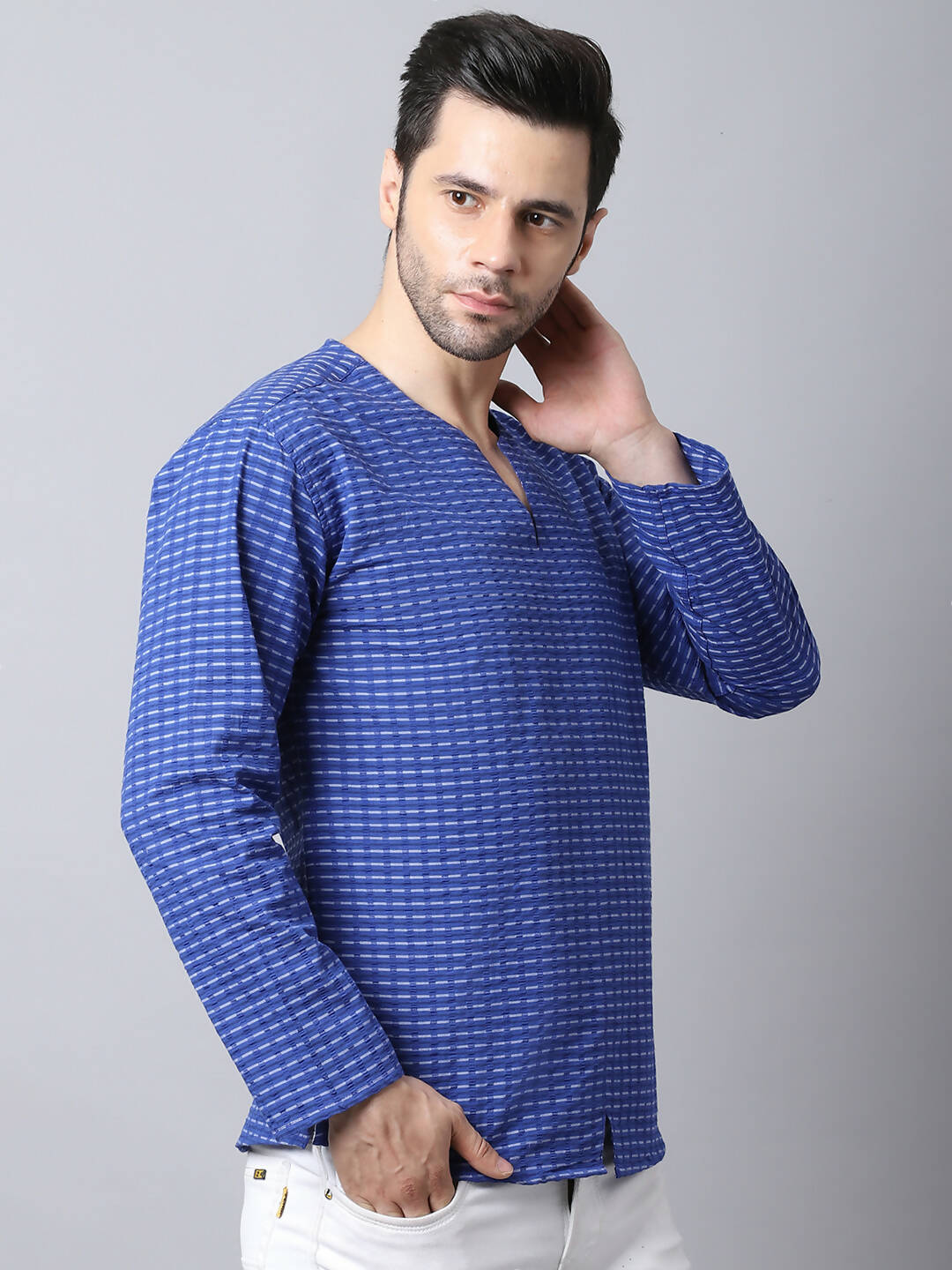 Even Apparels Blue Pure Cotton Round Neck Slit Men's Kurta | Grocsy