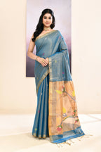 Piyari Fashion Women's Sky Blue Embellished Tissue Jamdani Saree | Grocsy