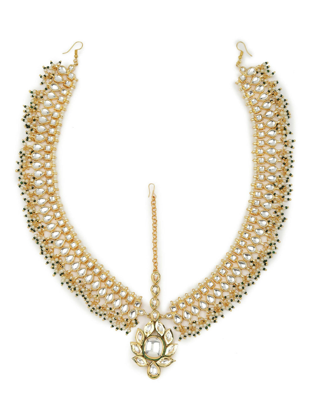 Gold-Polished Green White Kundan-Studded Beaded Matha Patti - Ruby Raang | Grocsy