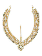 Gold-Polished Green White Kundan-Studded Beaded Matha Patti - Ruby Raang | Grocsy