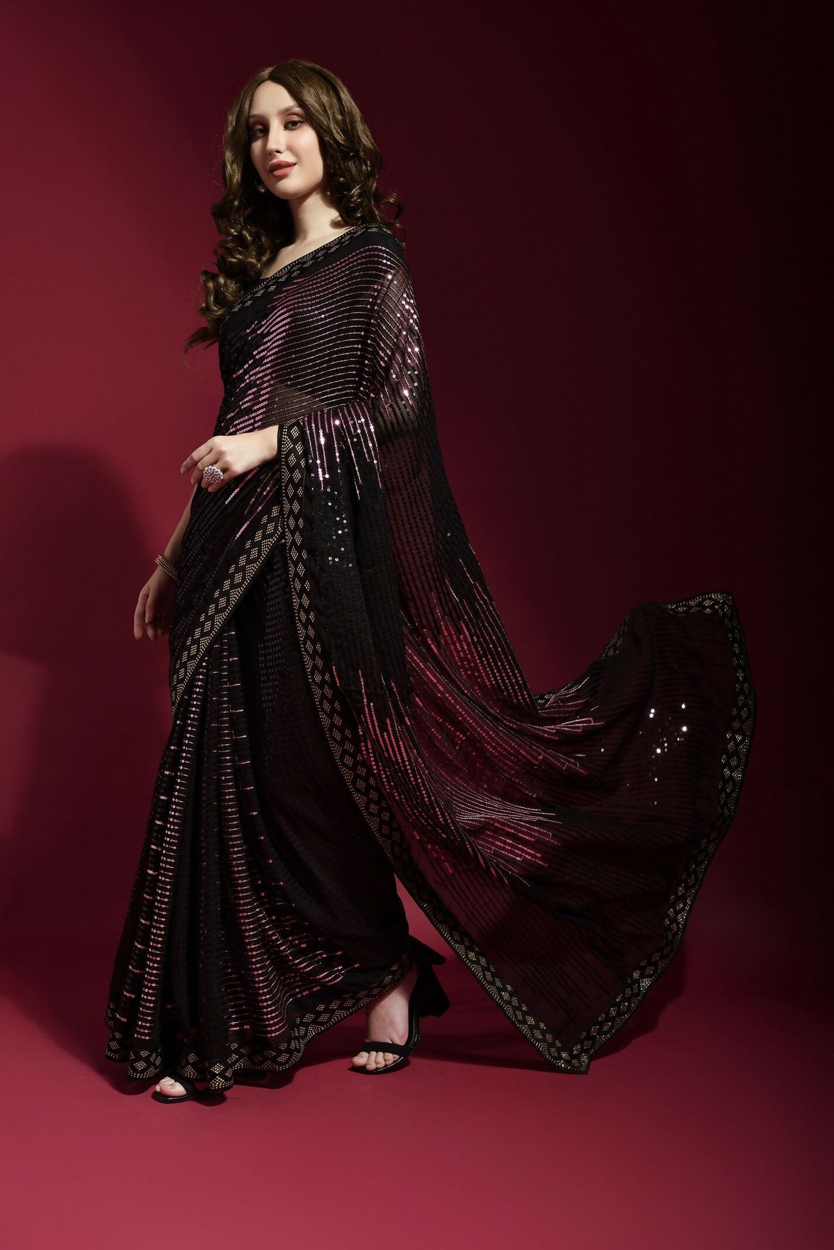 Vegaa Fashion Black Georgette Embroidered Party Wear Saree | Grocsy