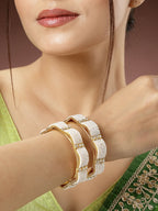 NVR Women's Set of 2 Gold-Polished Pearl Handcrafted Traditional Bangles