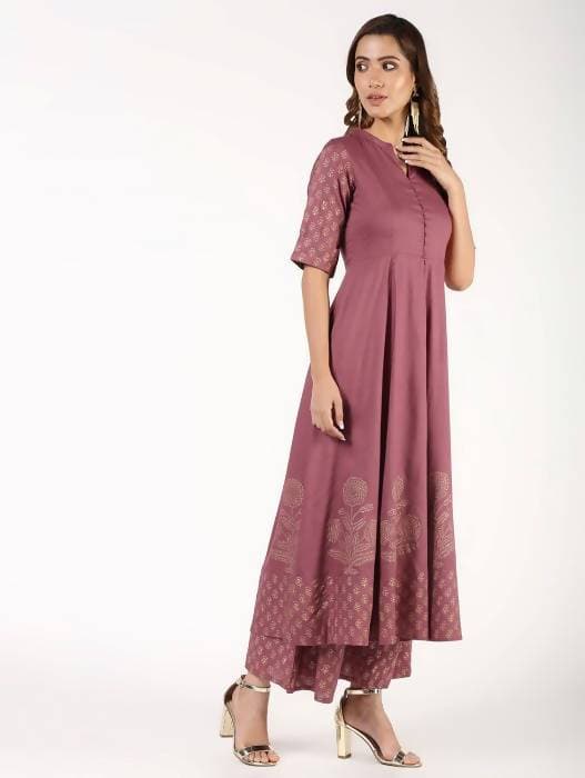Aniyah Rayon Block Print Anarkali Flared Kurta With Palazzo Set Dusty Pink (AN-156K) | Grocsy