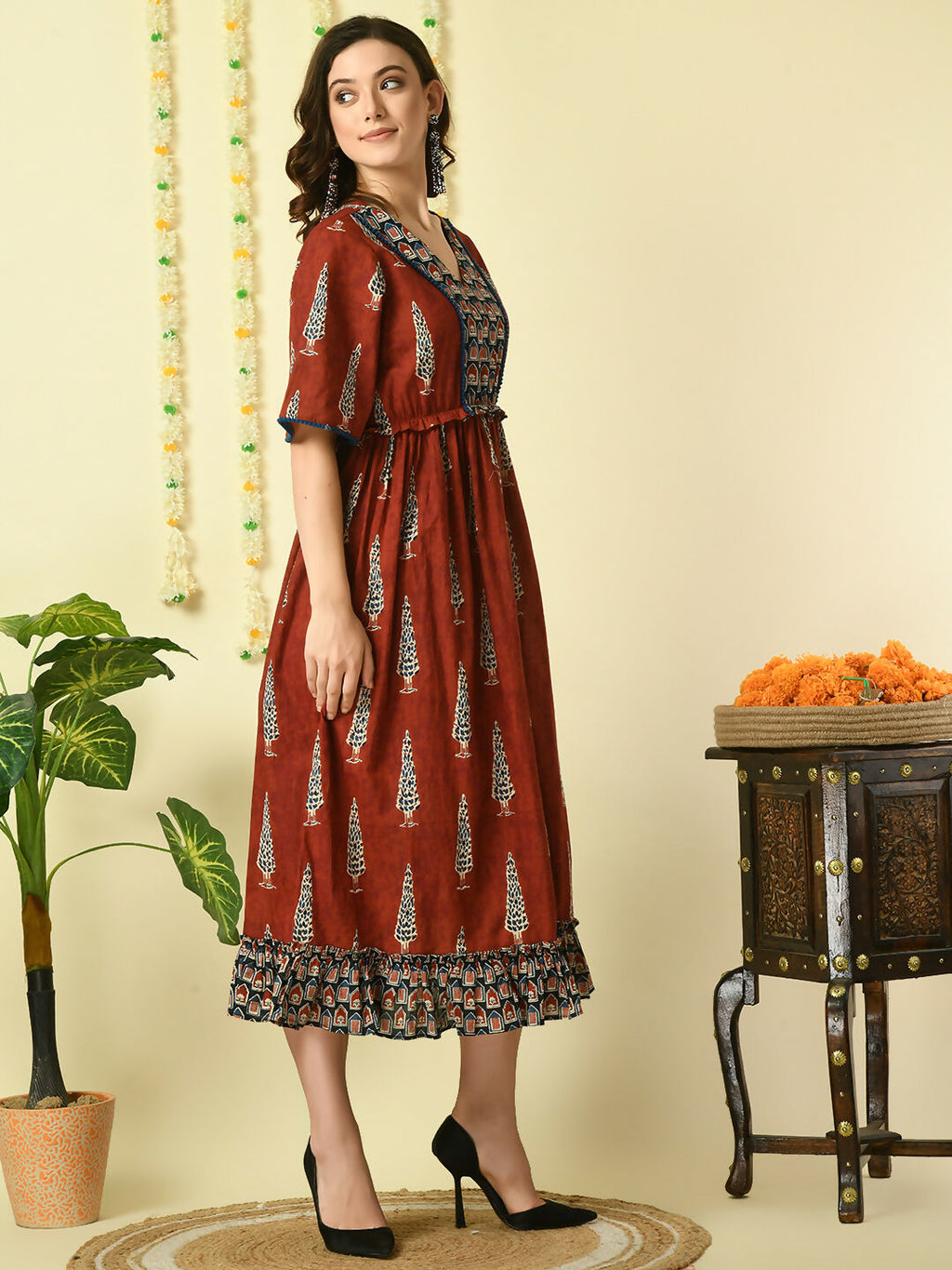 Myshka Women's Rust Printed Cotton Party Dress | Grocsy