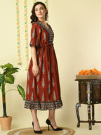 Myshka Women's Rust Printed Cotton Party Dress | Grocsy