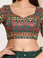 Joban Fashion Navy Blue Brocade Padded Blouse With Sweetheart Neck Elbow Sleeves | Grocsy