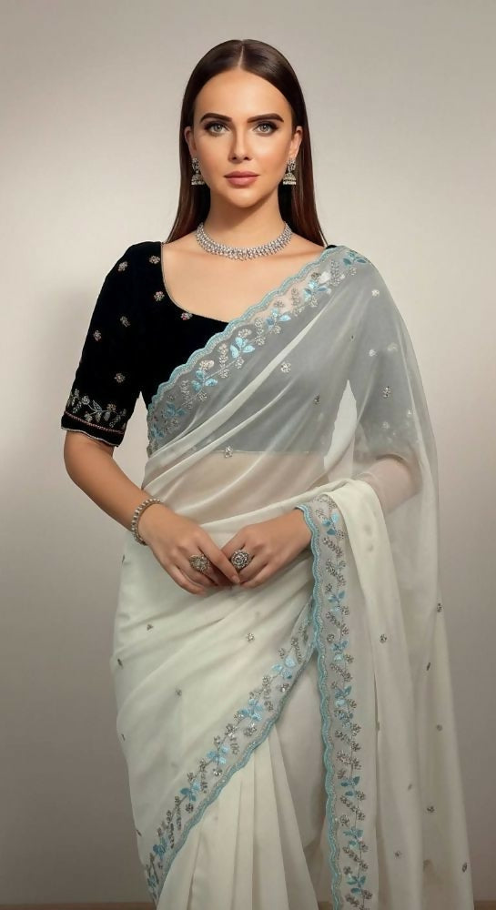 Joban Fashion Off White Faux Georgette Party Wear Sarees | Grocsy