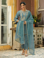 Janasya Light Blue Silk Blend Solid Kurta,Bottom & Dupatta | Grocsy