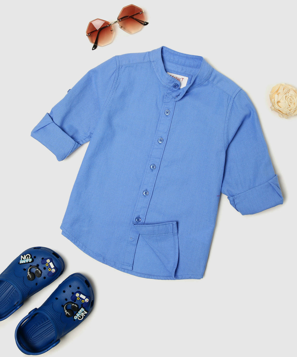 Manet Boys Mandarin Collar Full Sleeves Melange Shirt - Light Blue | Grocsy