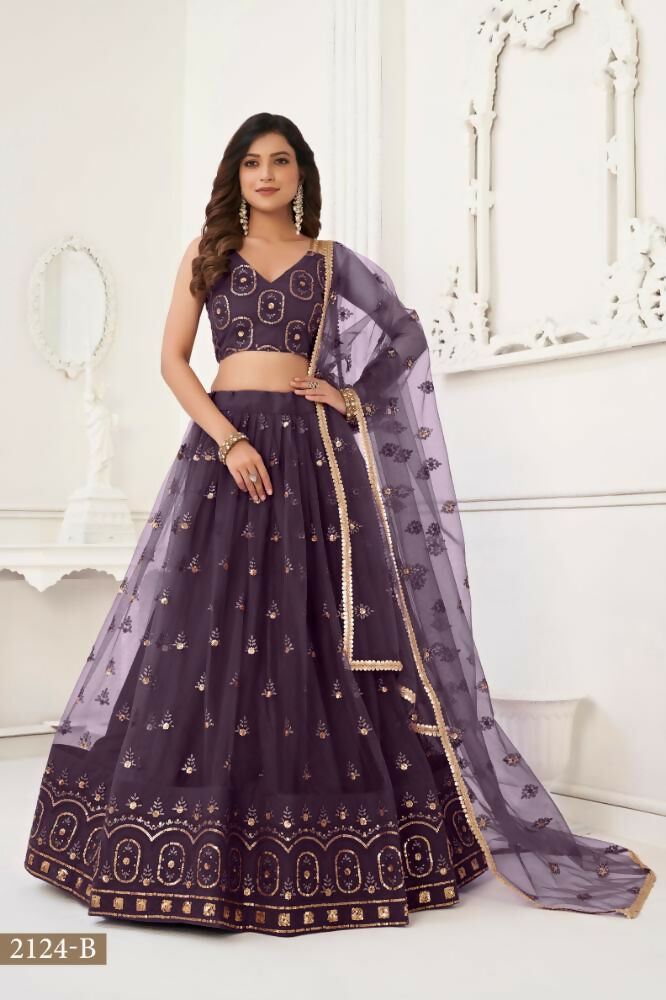 Aastha Fashion Dusty Wine Butterfly Net Tone To Tone Thread Work And Sandwich Sequence Work Embroidery Wedding Wear Lehenga Choli | Grocsy