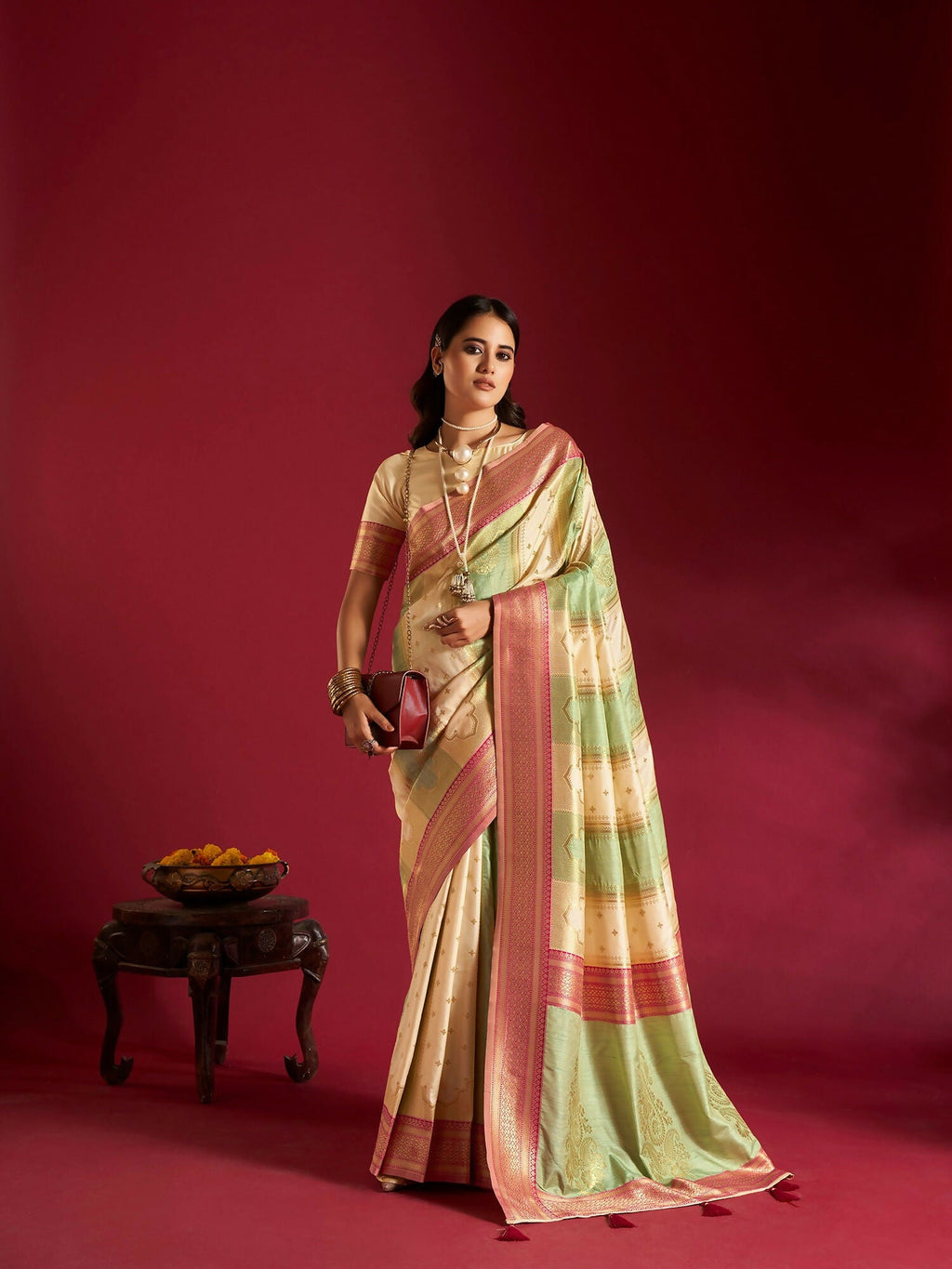Joban Fashion Cream & Sea Green Plain With Weaving Border Banarasi Silk Sarees | Grocsy