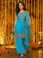 Joban Fashion Blue Silk Embroidered Sharara Set | Grocsy