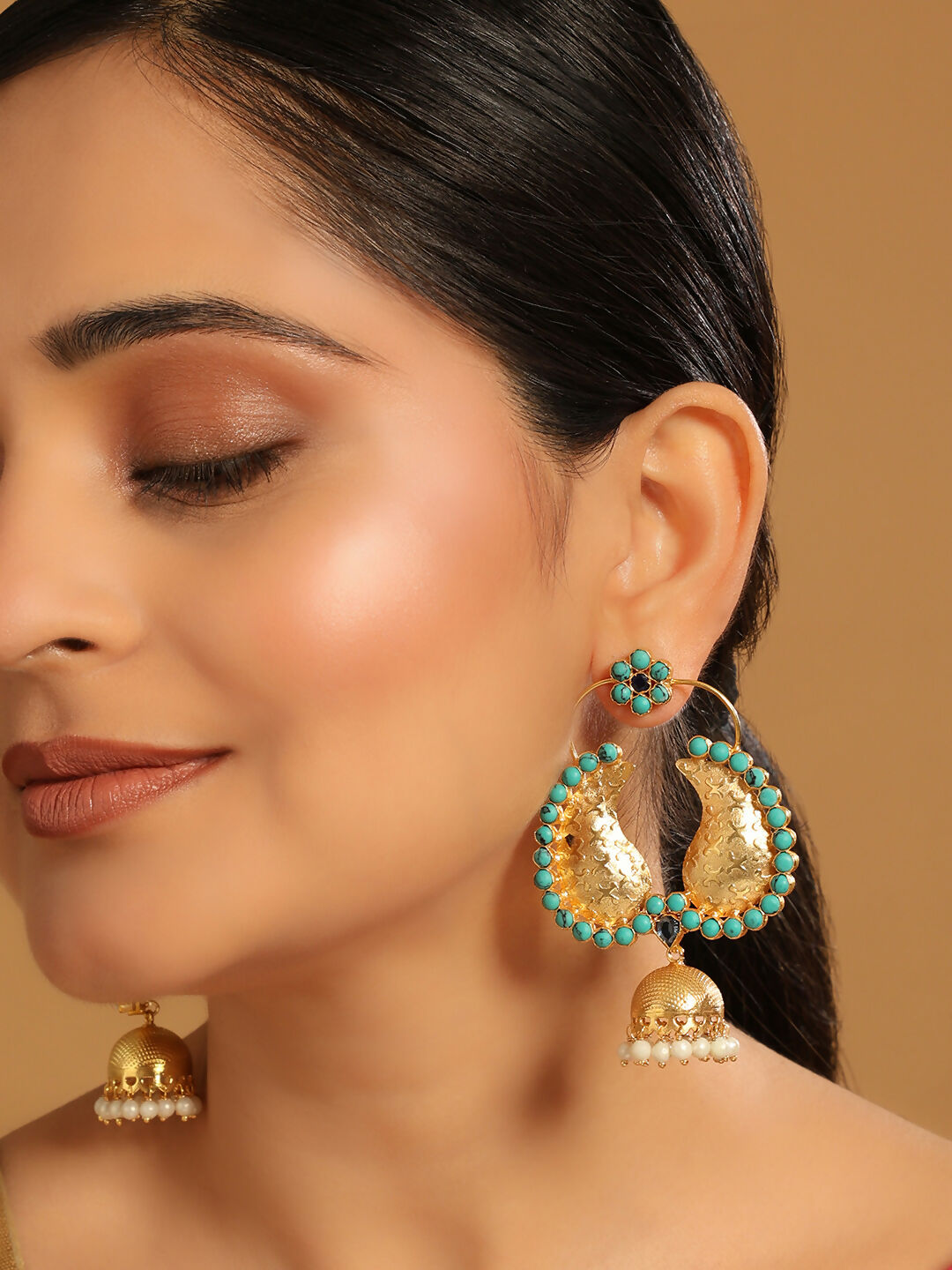 Nuyug 22K Gold Plated Turquoise Stone Studded Contemporary Mini Jhumki Dangler Earrings | Grocsy