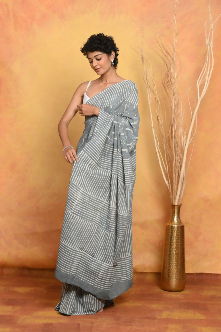 Very Much Indian Handblock Printed Cotton Saree With Natural Dyes - Grey | Grocsy