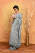 Very Much Indian Handblock Printed Cotton Saree With Natural Dyes - Grey | Grocsy