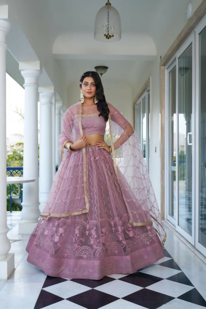 Aastha Fashion Dusty Pink Butterfly Net Tone To Tone Cotton Thread Work And Sequence Work Embroidery Wedding Wear Lehenga Choli | Grocsy