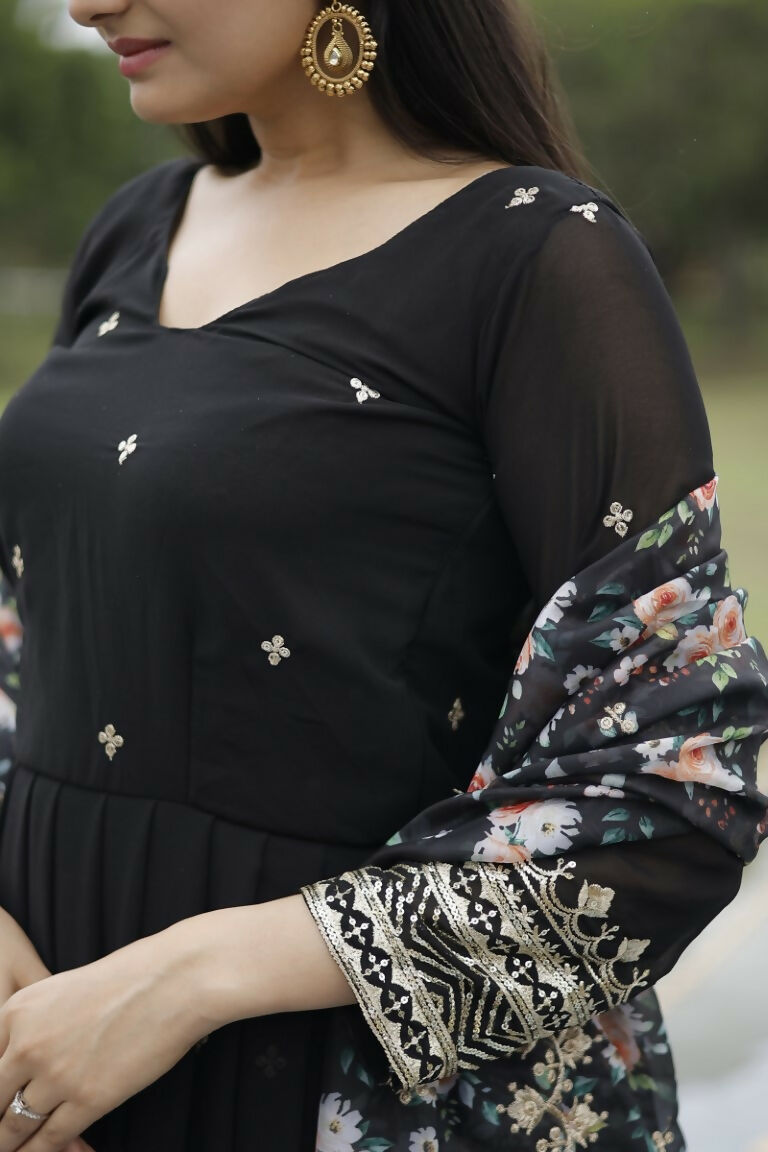 Jyoti Fashion Women's Black Faux Blooming Sequins with Zari Embroidery Anarkali Dress with Dupatta | Grocsy