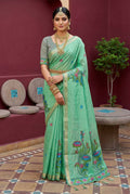 Vastranavya Turquoise Muga Cotton Meenakari & Azarakh Pallu Saree with Contrast Blouse | Grocsy