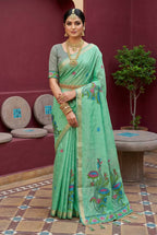 Vastranavya Turquoise Muga Cotton Meenakari & Azarakh Pallu Saree with Contrast Blouse | Grocsy