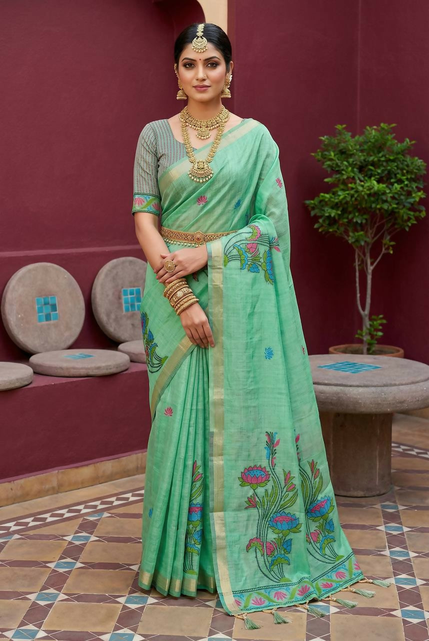 Vastranavya Turquoise Muga Cotton Meenakari & Azarakh Pallu Saree with Contrast Blouse | Grocsy