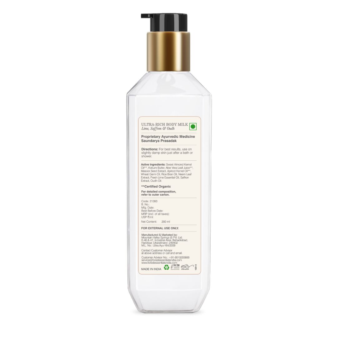 Forest Essentials Ultra-Rich Body Milk Lime Saffron & Oudh | Grocsy