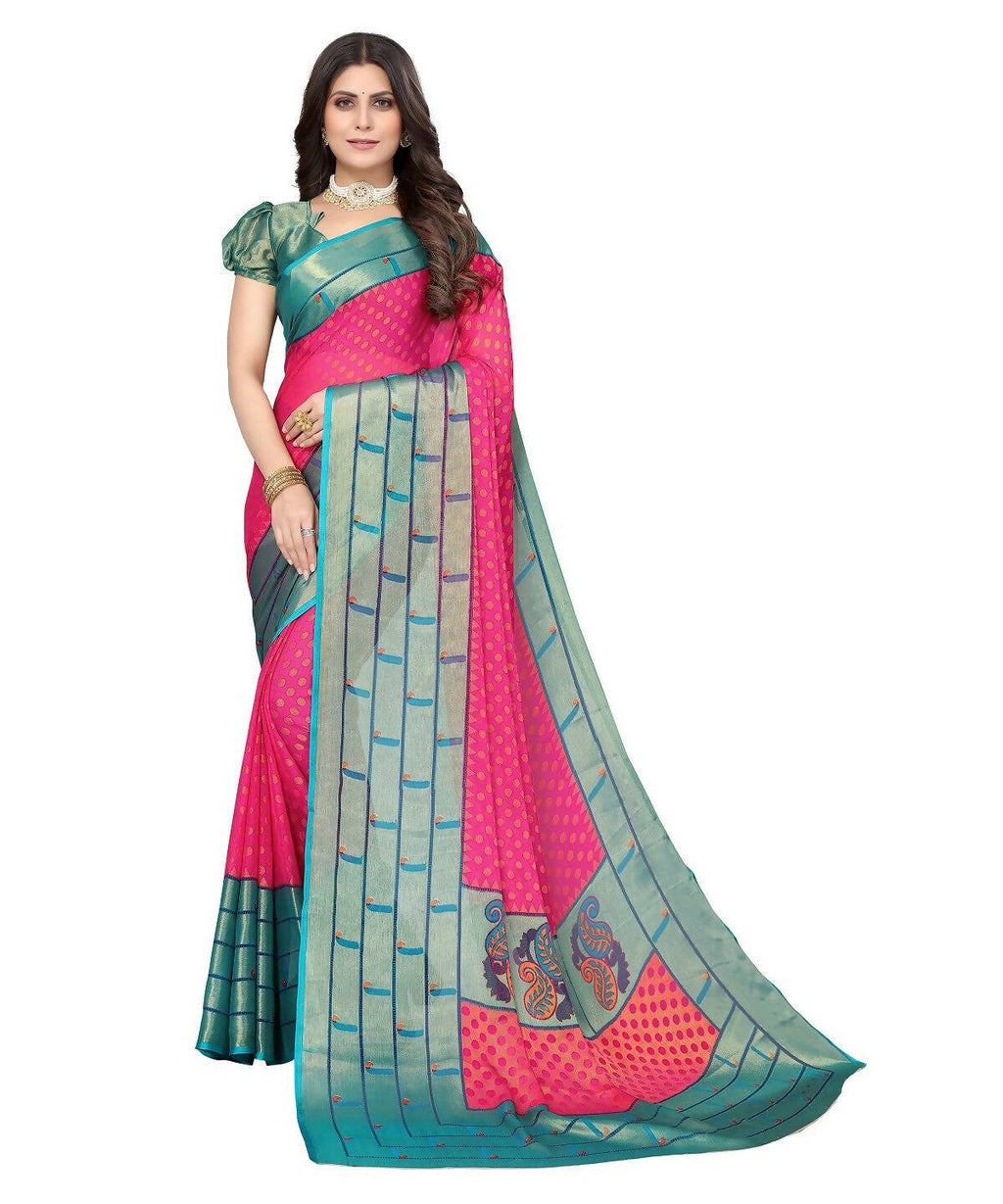 Vamika Pink Chiffon Brasso Bollywood Style Woven Saree (DIMPLE PINK) | Grocsy