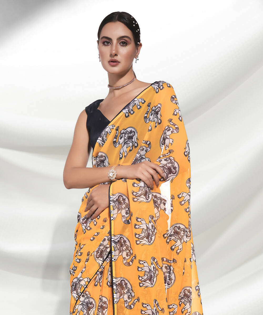 Yellow Georgette Animal Printed Saree With Unstitched Blouse Piece - Rajal | Grocsy