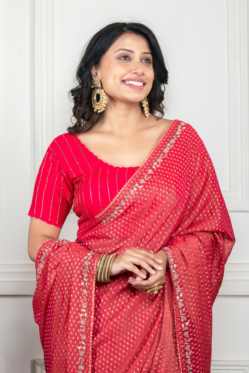 Morchari Pink Pure Chiffon Hand Embroidery Saree And Stitched Blouse | Grocsy