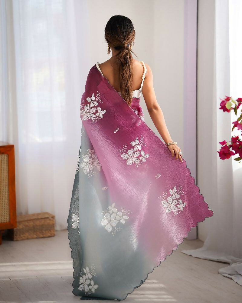 Wine and Green Crunchy Crush Pedding Color Embroidery Work Party Wear Saree - Zuleika | Grocsy