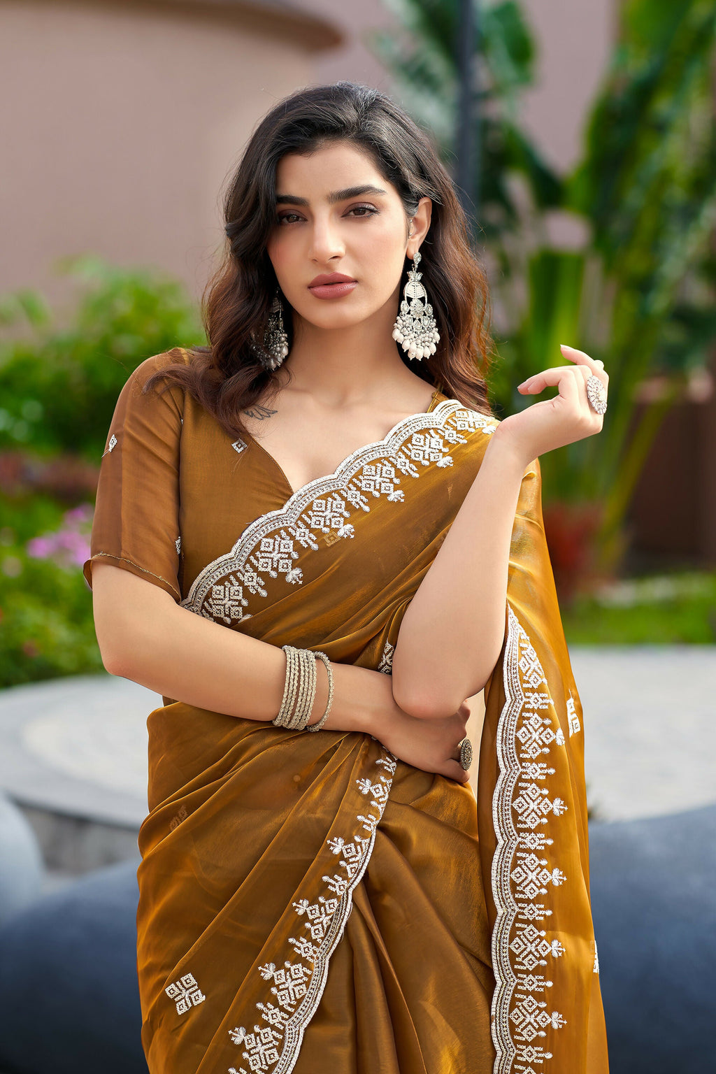 Vastranavya Brown Embroidery Work Shimmer Chiffon Saree with Unstitched Blouse | Grocsy