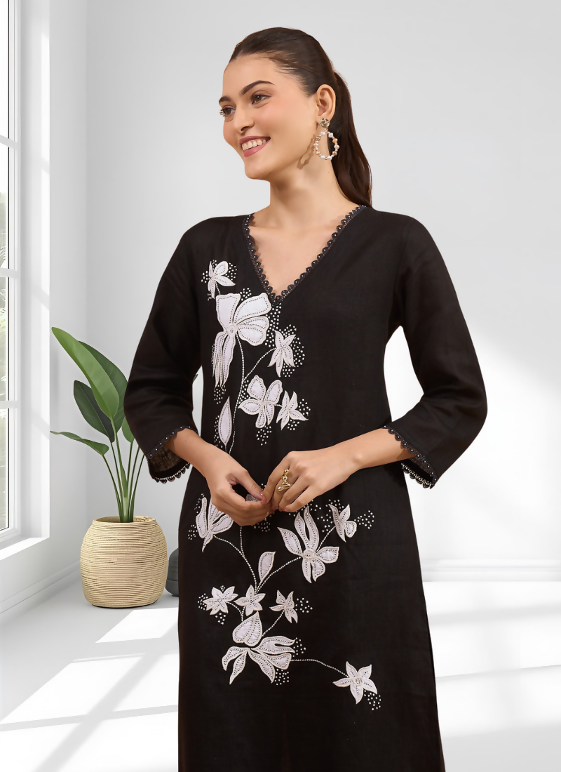 Joban Fashion Black Linen Embroidered Readymade Long Kurta With Pant | Grocsy