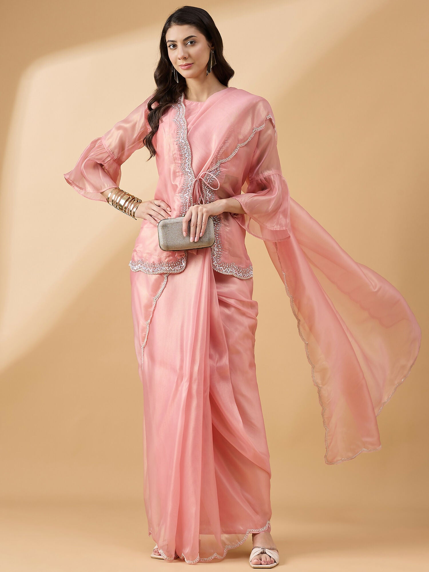 Peach Chiffon Solid Saree with Stitched Blouse & Stone Work Shrug - Dharavi | Grocsy