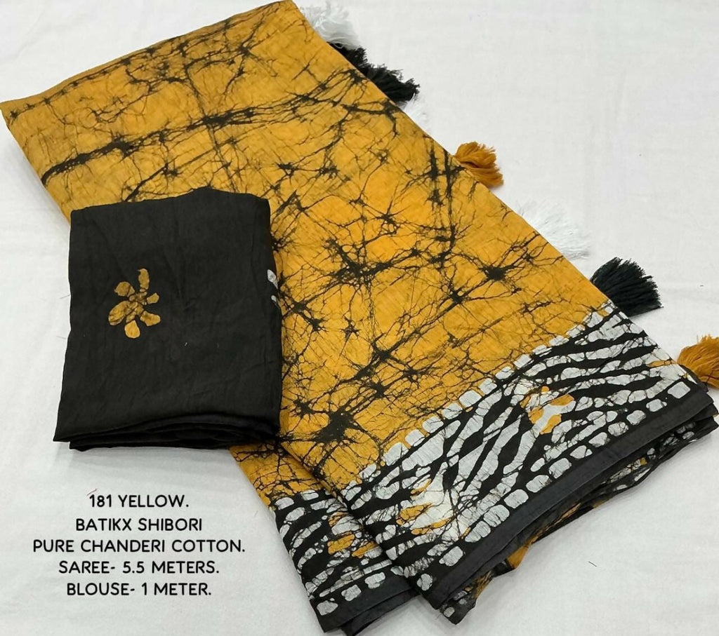 Arfa Fashion House Mustered Combination Pure Chanderi Cotton Batik Printed Saree | Grocsy