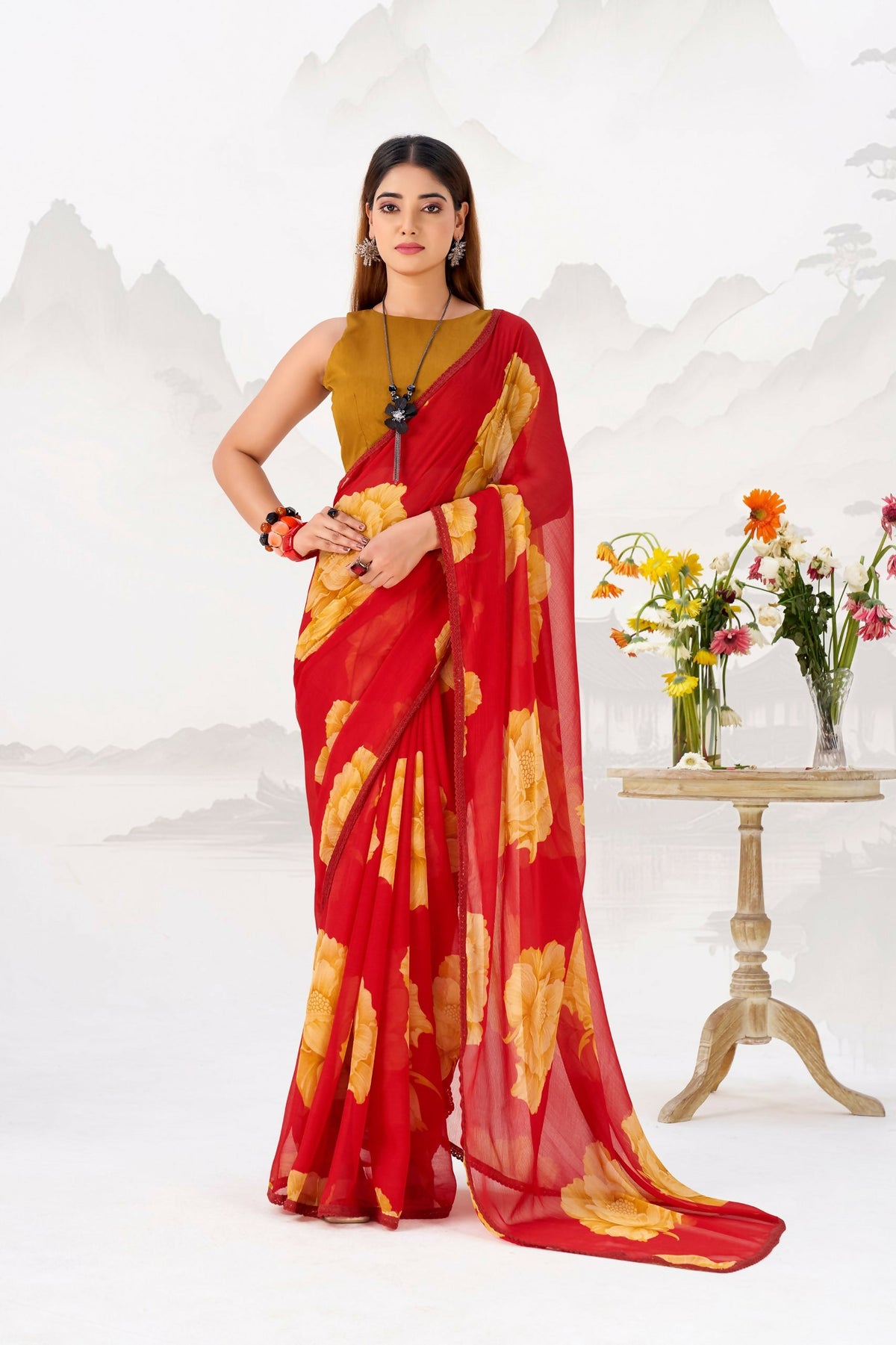 Vastranavya Red Floral Print with Lace Border work Chiffon Saree & Unstitched Blouse | Grocsy