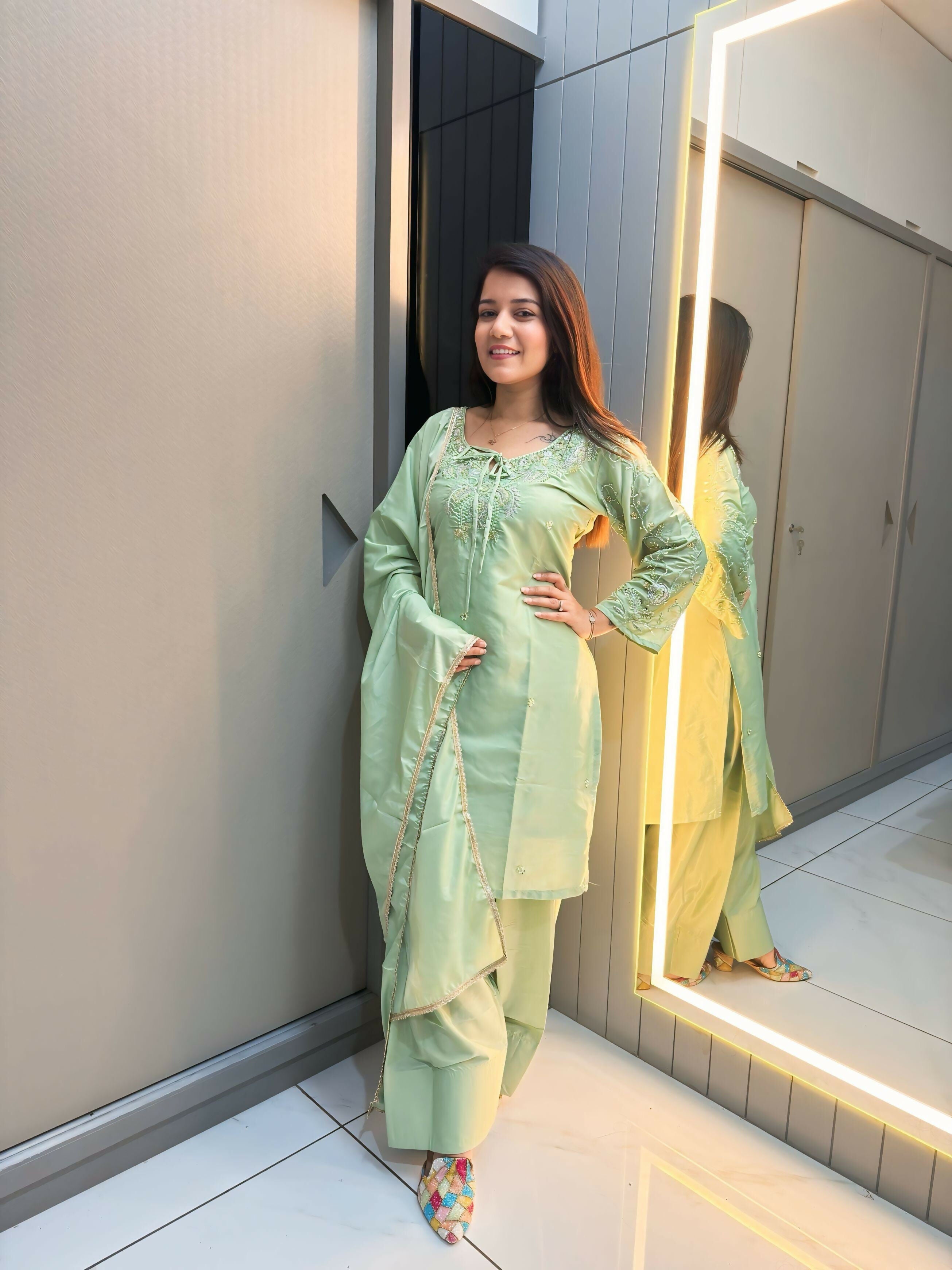 Anaita Green Crape Readymade Kurti Set with Beads Sequence Work | Grocsy