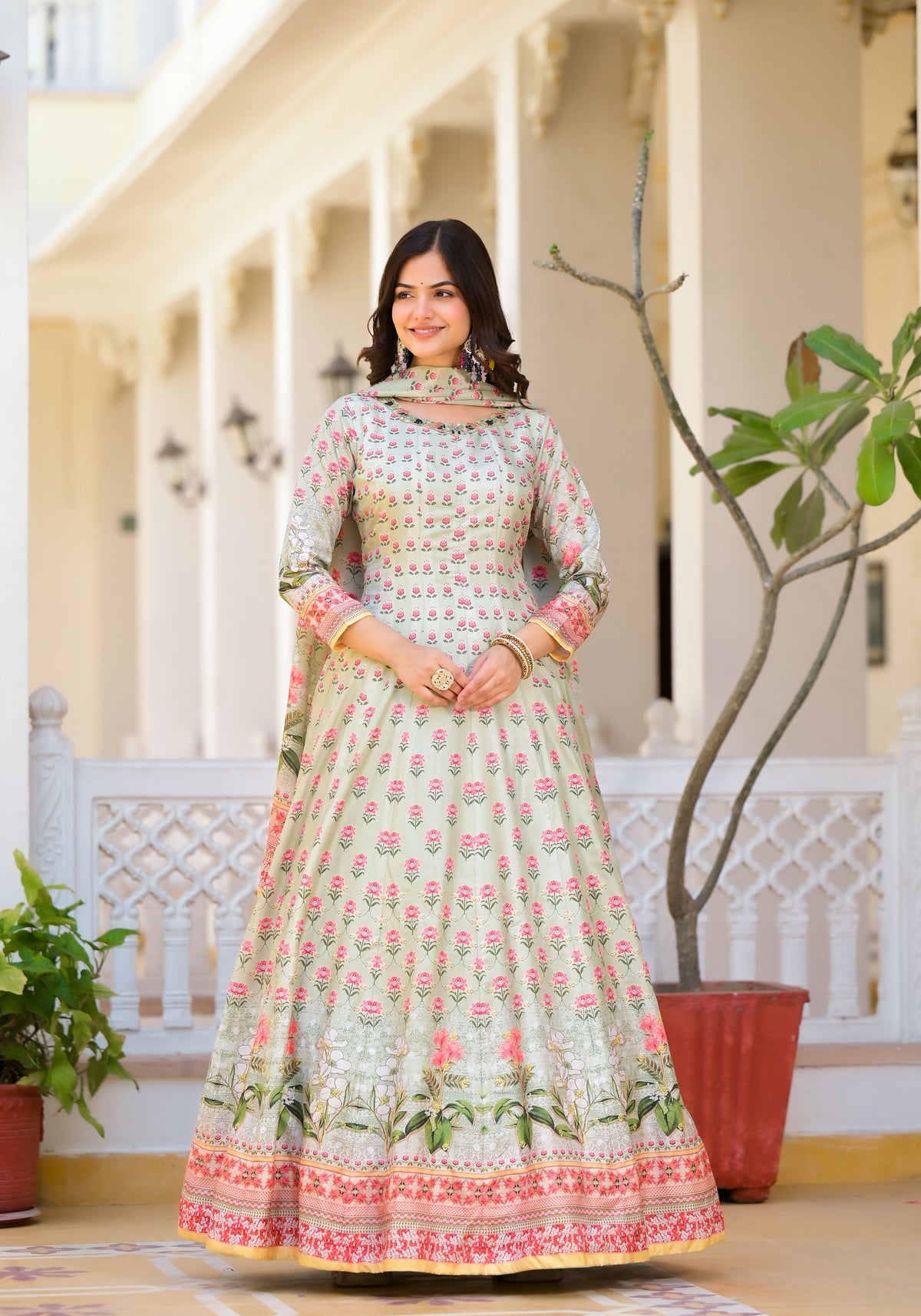 Partywear Designer Pista Dola Silk Anarkali suit with Dupatta - Samyukta | Grocsy