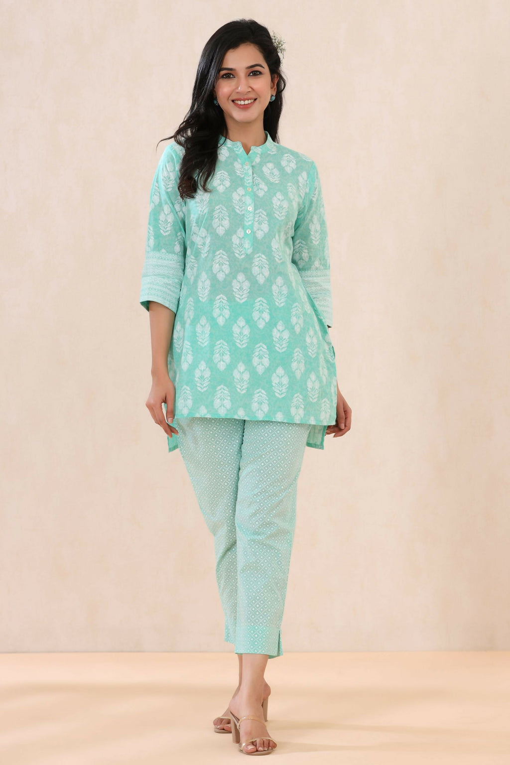 Juniper Mint Geometric Printed Pure Cotton Straight Fit Pants | Grocsy