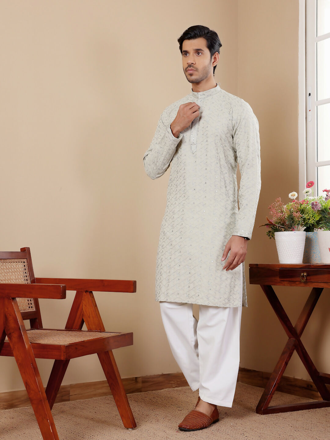 Pestel Green Linen Designer Embroidery Work Men's Rajwadi Kurta Set - Mahotsav | Grocsy