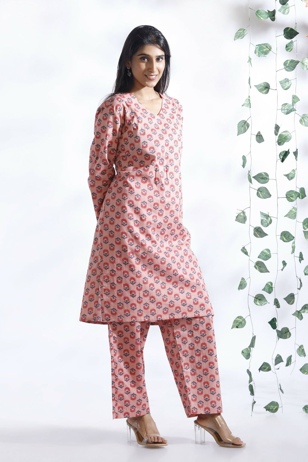 Breathables Women’S Loungewear Long Kurta Co-Ord Set Cotton Pink Indian Motif Butta Print | Grocsy