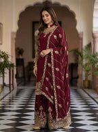 Joban Fashion Maroon Silk Embroidered Sharara Set | Grocsy