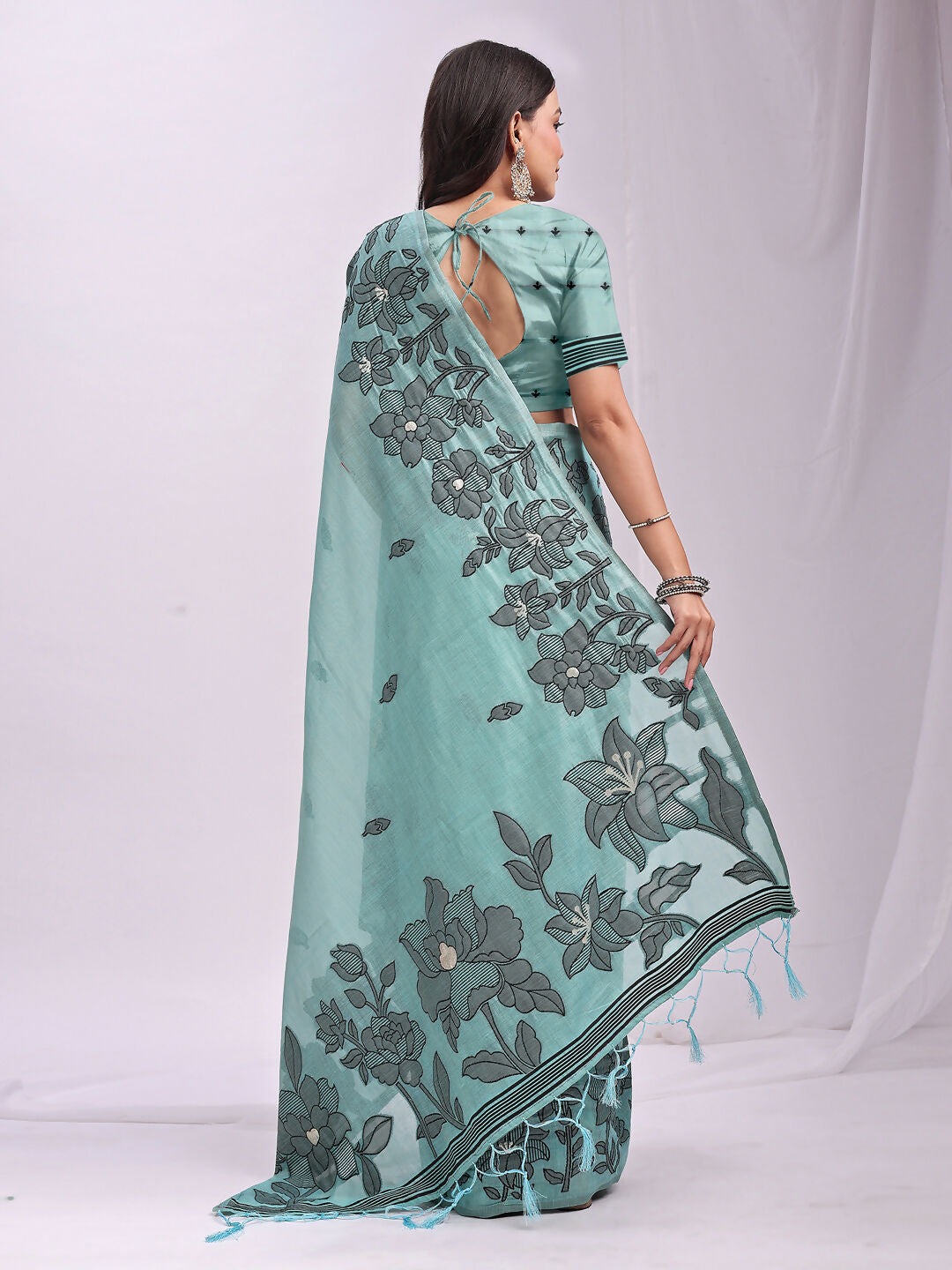 Shree Shyam Fashion Kashira Sea Green Linen Cotton Saree | Grocsy