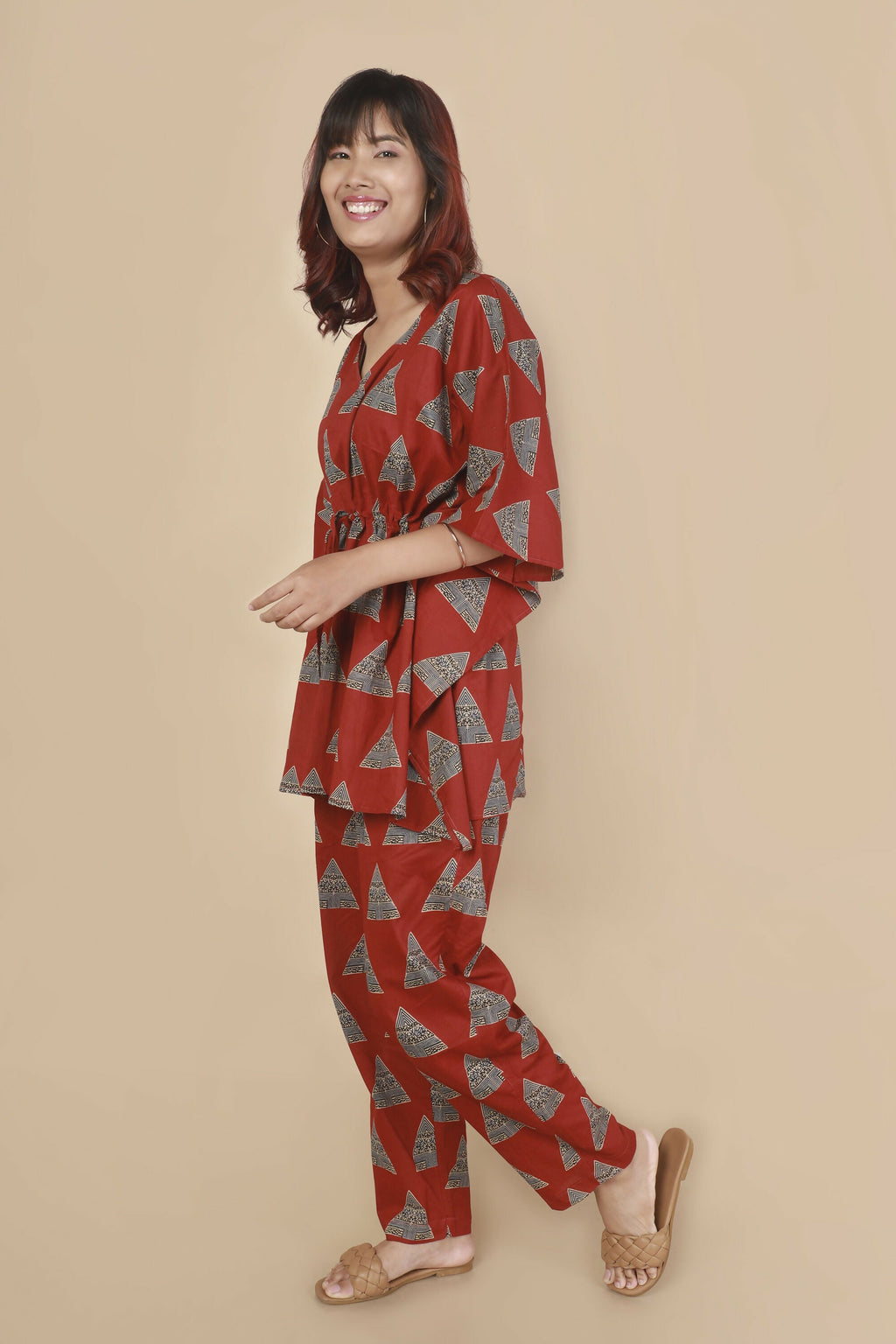 Breathables Women’S Loungewear Kaftan Cotton Red Geometric Print Co-Ord Set | Grocsy