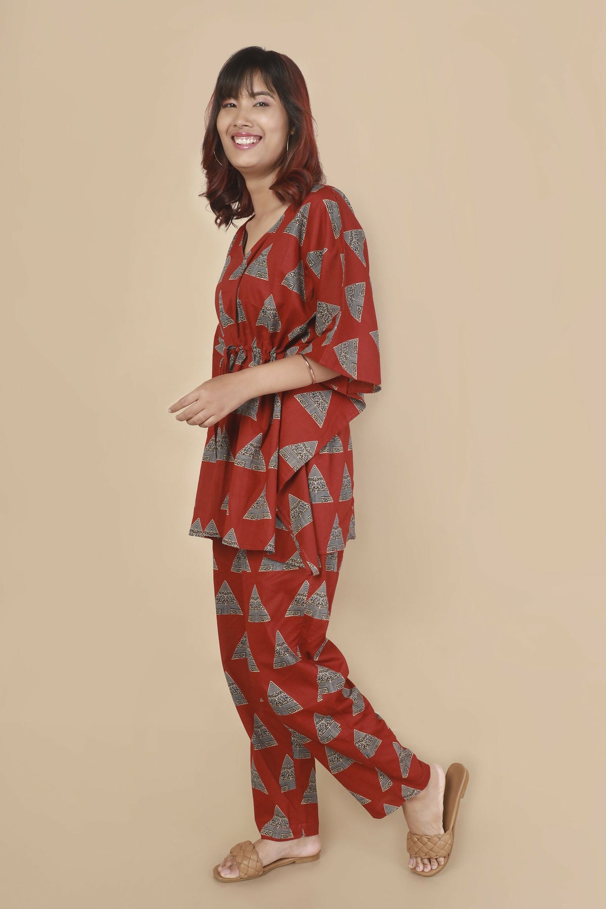 Breathables Women’S Loungewear Kaftan Cotton Red Geometric Print Co-Ord Set | Grocsy