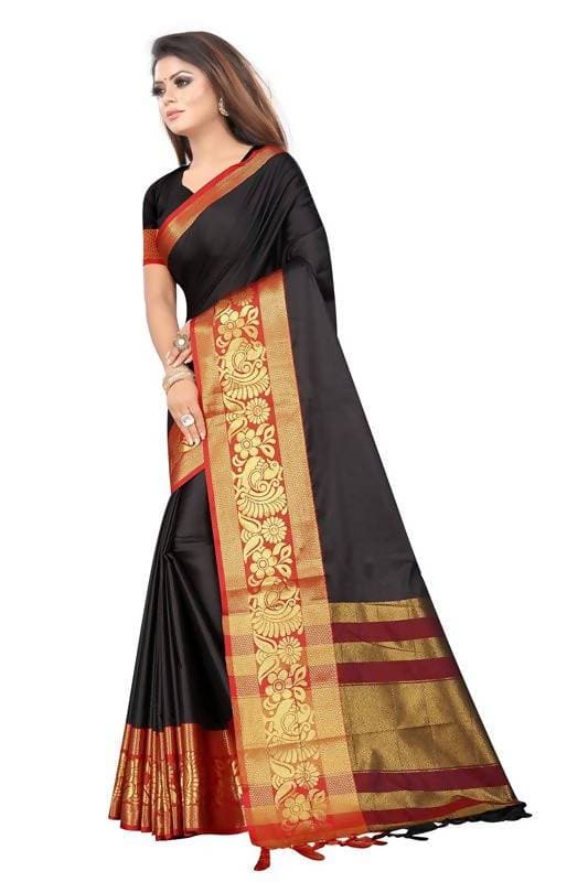 Vamika Banarasi Cotton Silk Weaving Black Saree (DOCTOR MOR BLACK) | Grocsy