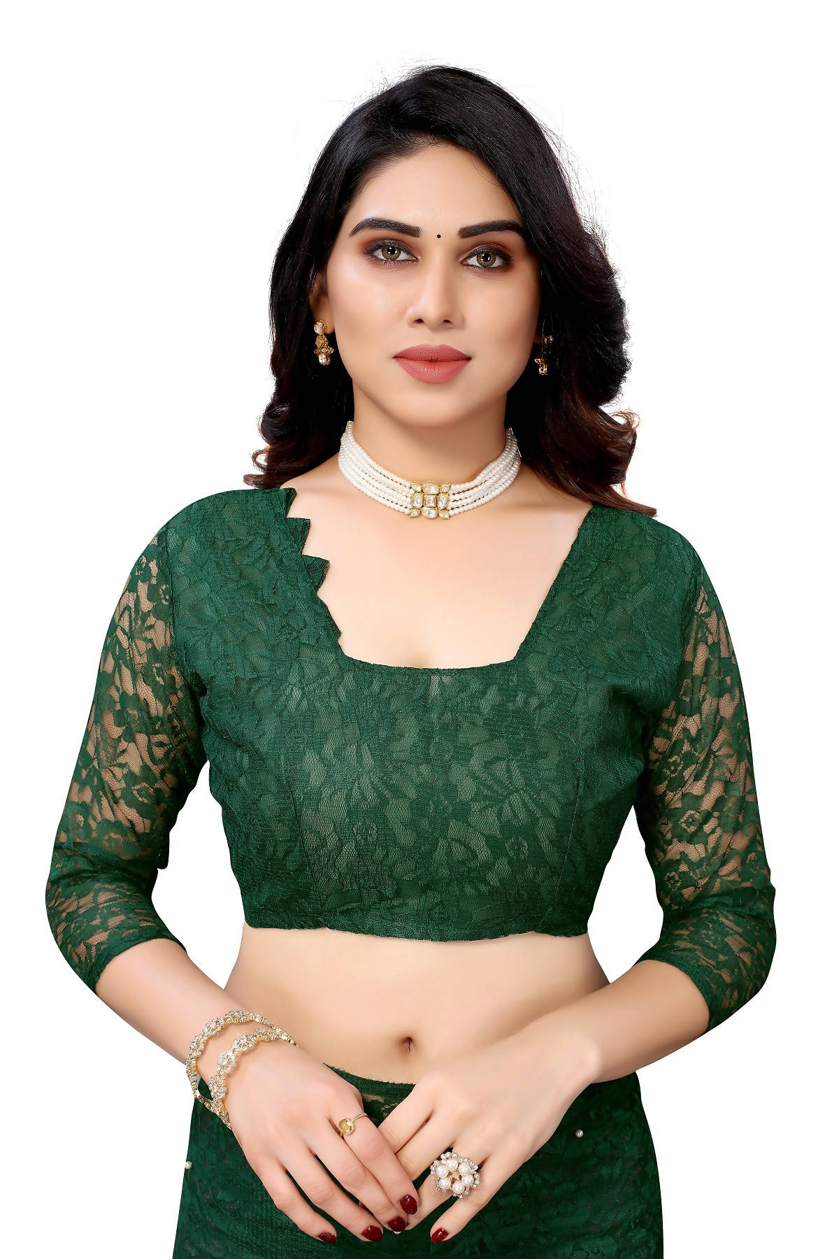Vamika Ethnic Fire Green Pearls Net Saree | Grocsy