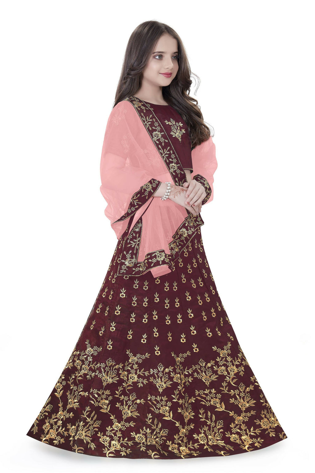 Dwiden Maroon Baby Doll Tafetta Sattin Semi-Stitched Girl's Lehenga Choli | Grocsy
