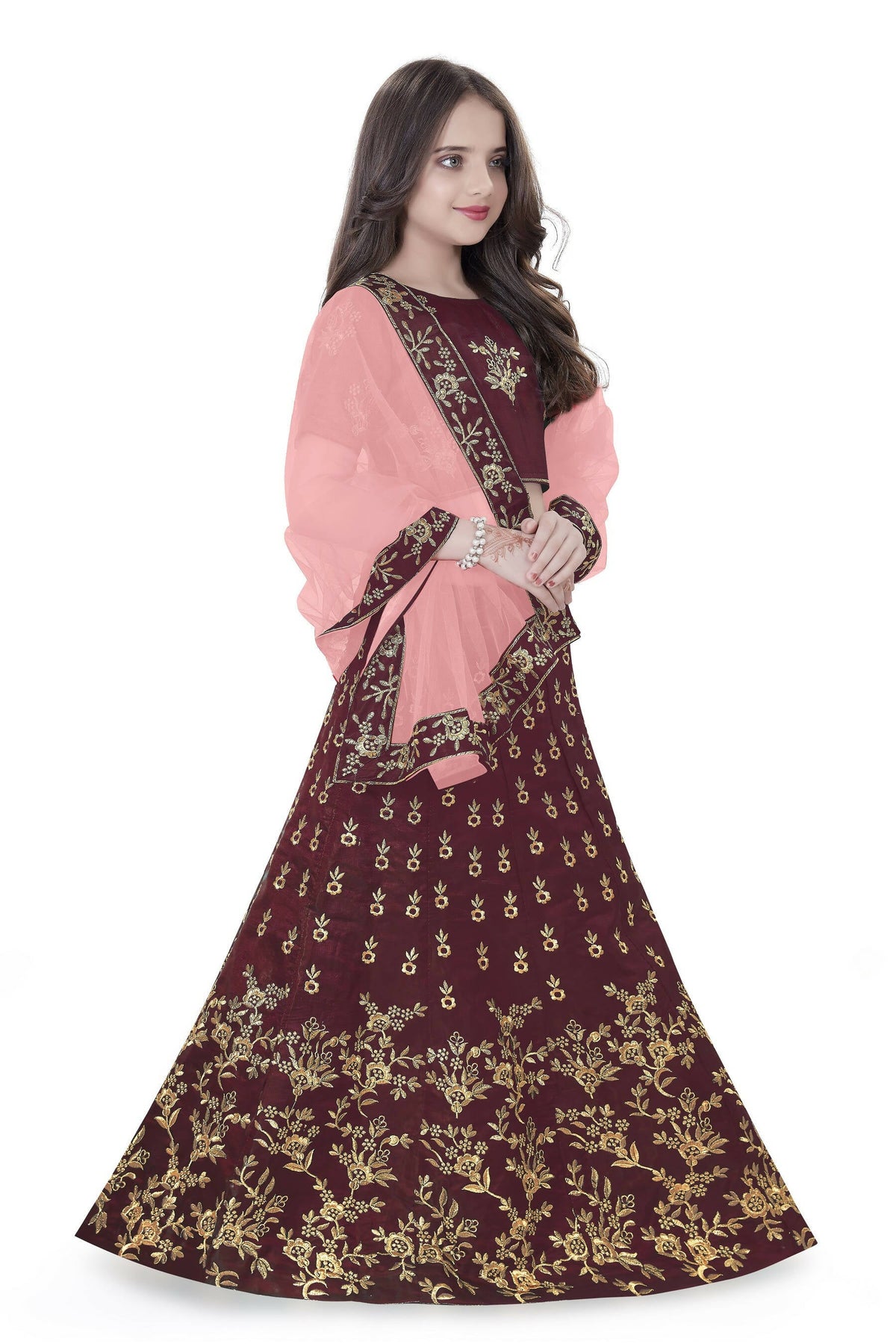 Dwiden Maroon Baby Doll Tafetta Sattin Semi-Stitched Girl's Lehenga Choli | Grocsy